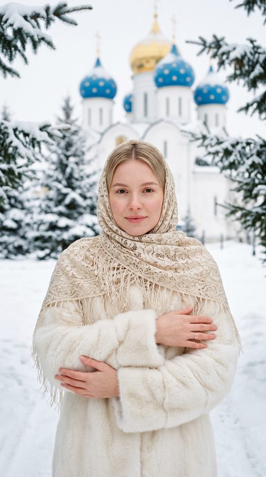 женщина в платке у зимнего храма