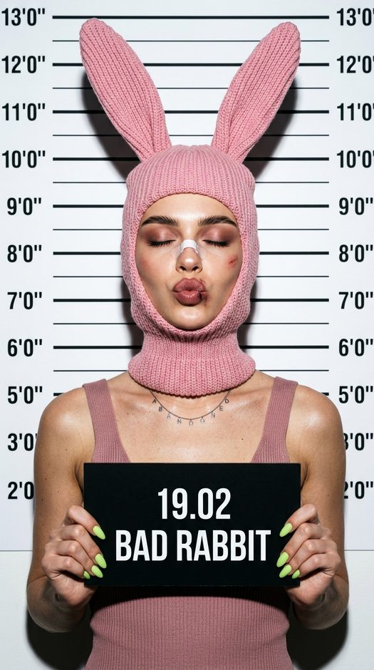 девушка в розовой балаклаве mugshot с табличкой