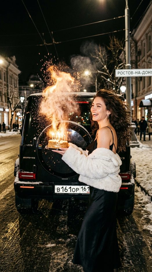 зимняя фотосессия у mercedes с тортом ночью