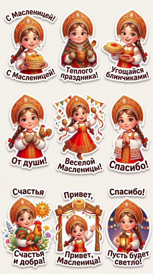 стикеры на масленицу с блинами и народным костюмом