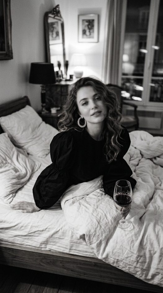 черно белая fashion фотосессия на постели с вином