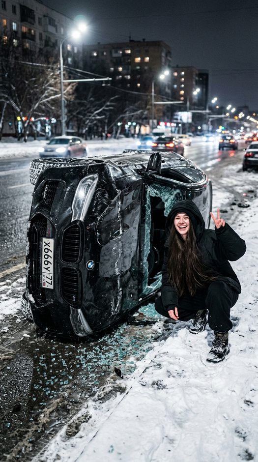 девушка у перевернутого bmw ночью в снегу
