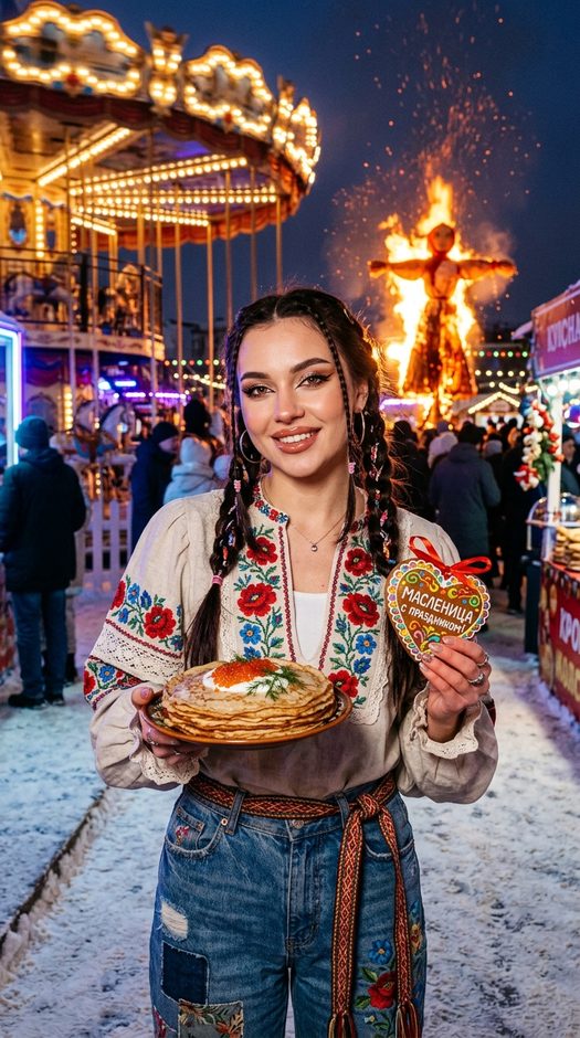 девушка на масленице с блинами и пряником