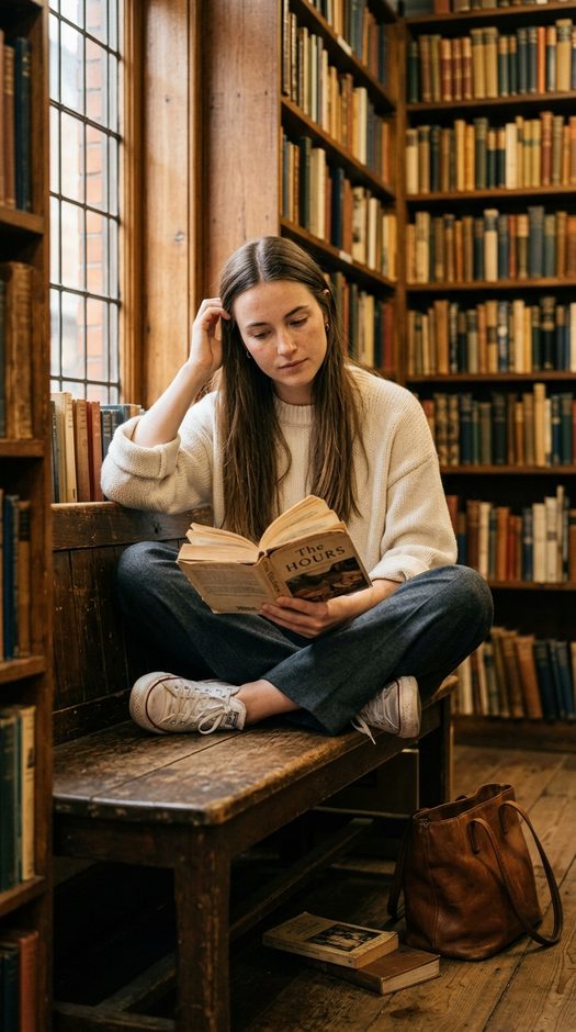 девушка с книгой в винтажном книжном магазине