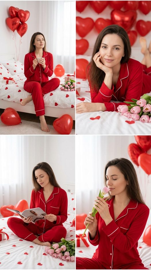 коллаж 14 февраля в спальне с тюльпанами