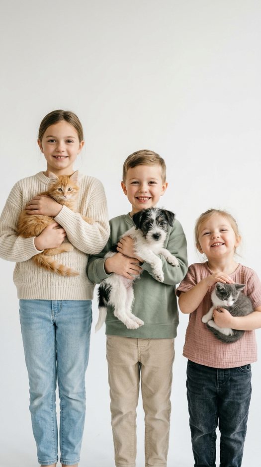детская фотосессия с котенком и собачкой