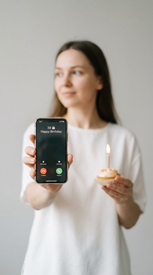 девушка со смартфоном и пирожным на день рождения