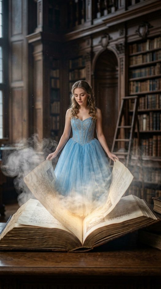 женщина в гигантской книге в старой библиотеке