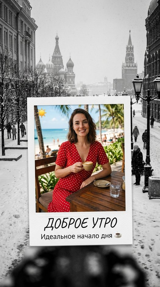 девушка в полароиде на фоне зимней москвы