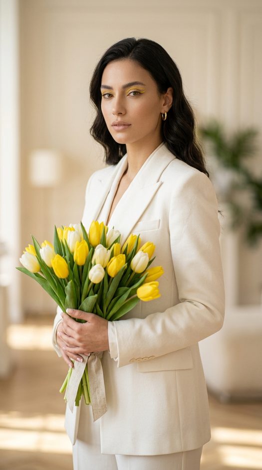 fashion фотосессия с тюльпанами в белом костюме
