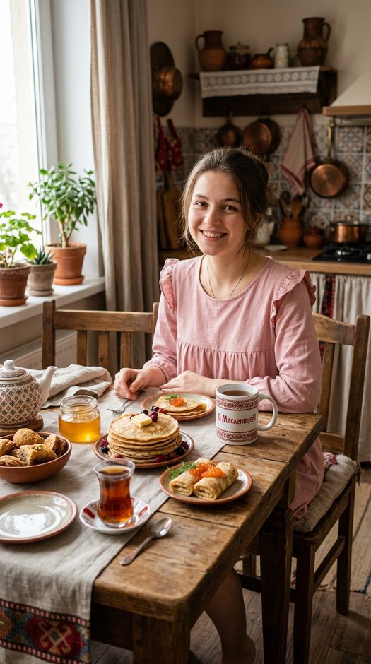девушка на кухне с блинами на масленицу