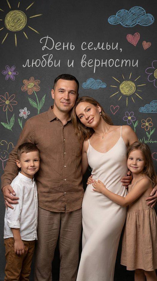 семейная фотосессия с детскими рисунками на фоне