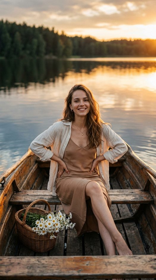 женщина в лодке у озера на закате