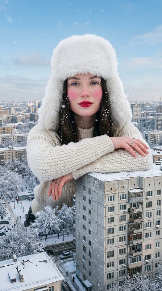 гигантская женщина на крыше панельки зимой