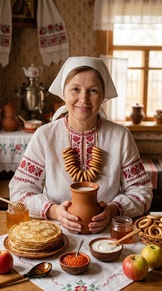 женщина с блинами в русском стиле