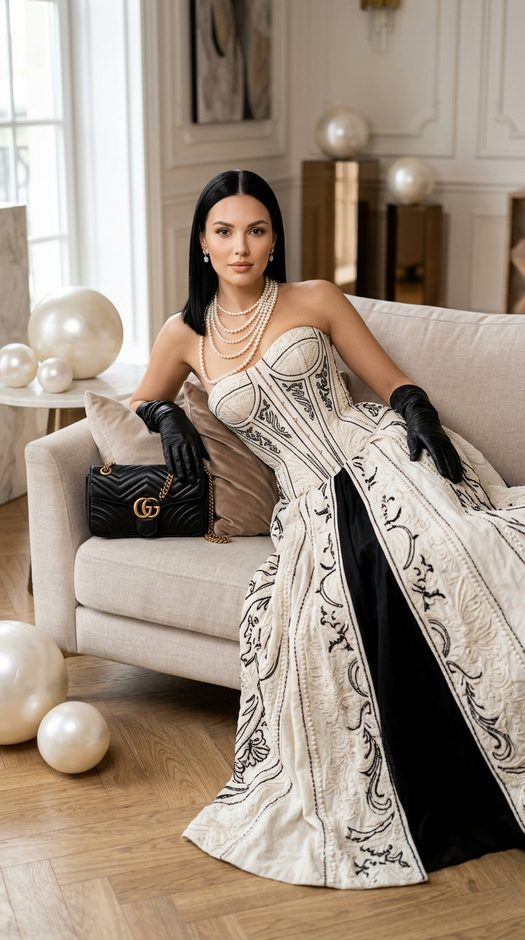 женщина на диване в haute couture студийная съемка