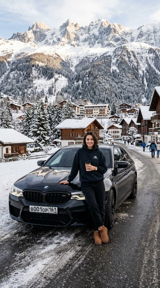 девушка у bmw m5 в зимних горах