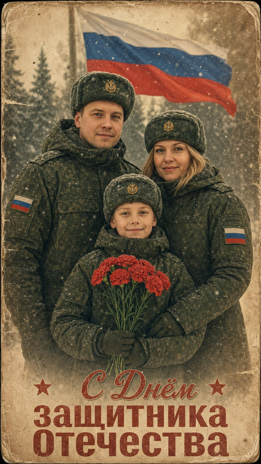 семейная открытка на 23 февраля в зимнем лесу