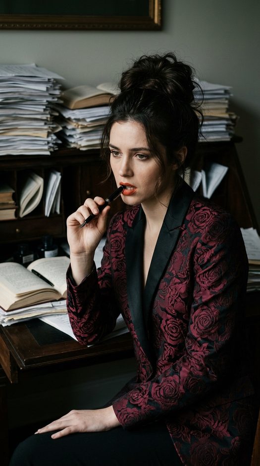 женщина за столом с книгами и перьевой ручкой