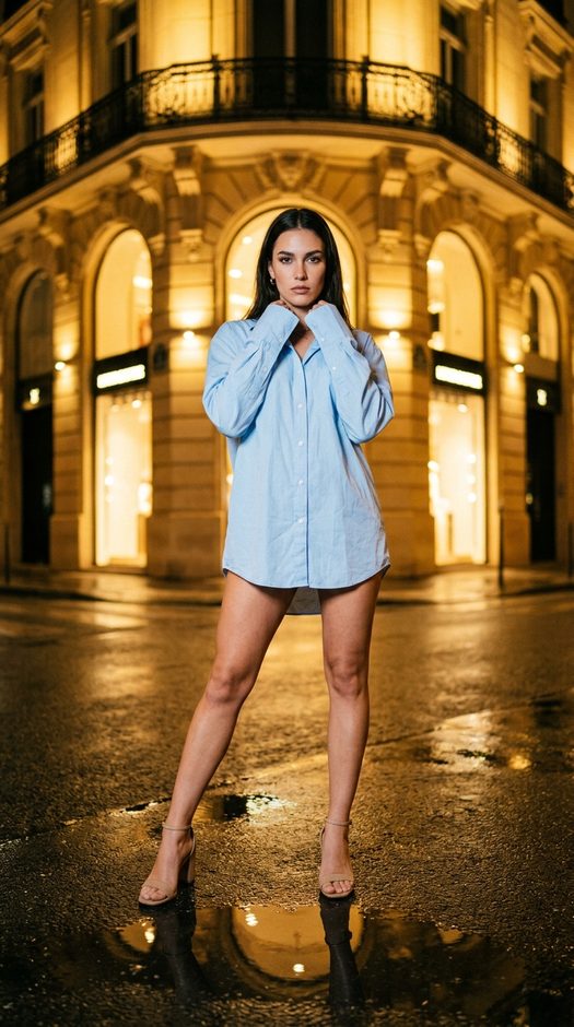 Ночная fashion фотосессия у бутика в полный рост