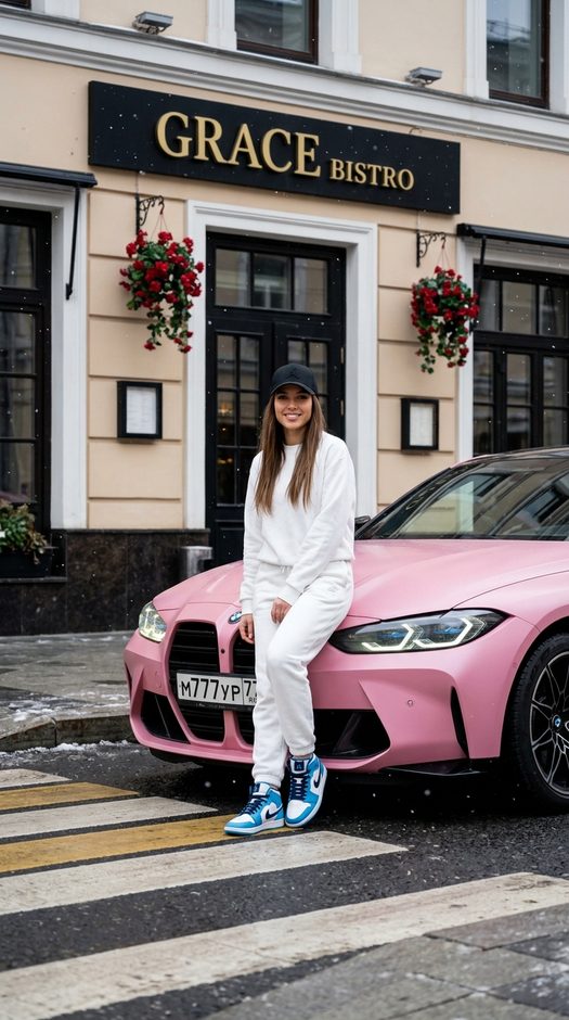 девушка у розового bmw m4 зимой