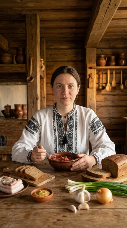 фотосессия в русской избе с борщом за столом