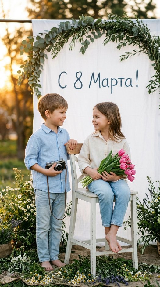 детская фотосессия на 8 марта с тюльпанами