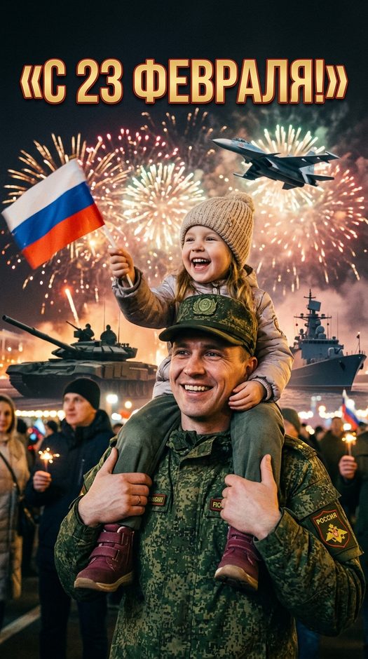 мужчина с ребенком на плечах 23 февраля