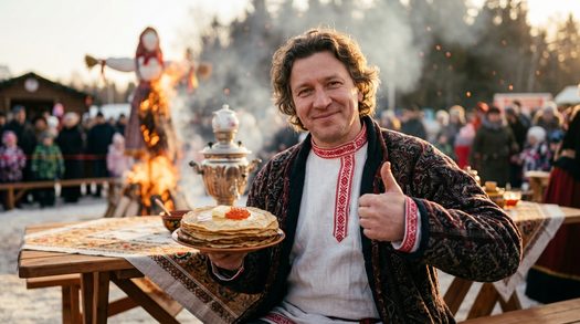 мужчина на масленице с блинами и красной икрой