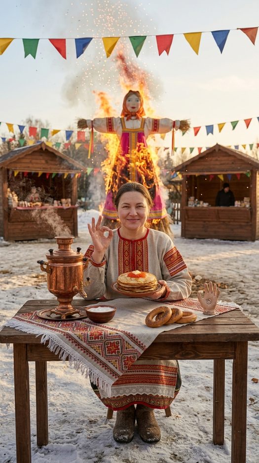 женщина на масленице с блинами и самоваром
