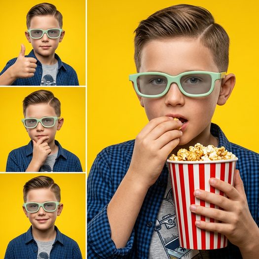 Коллаж мальчика в 3D очках с попкорном в студии