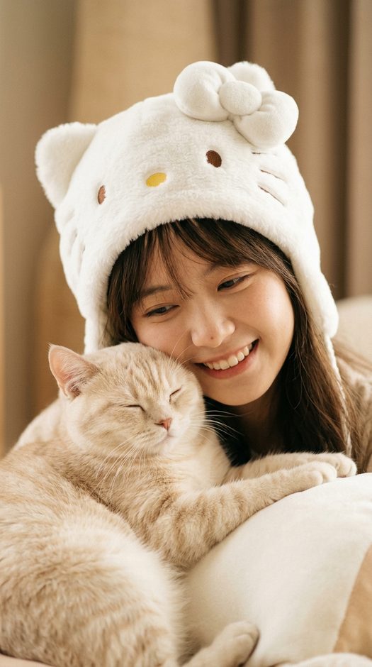 девушка с котом в шапке hello kitty