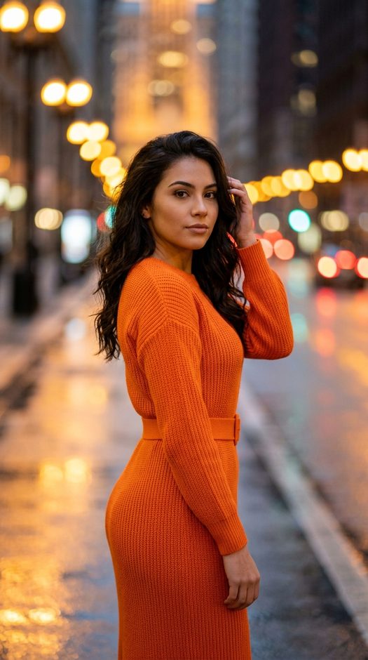 Уличная fashion фотосессия в оранжевом платье