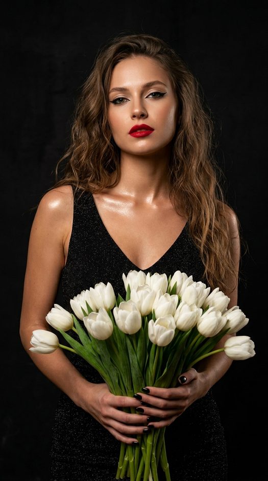 женщина с белыми тюльпанами в черной комнате