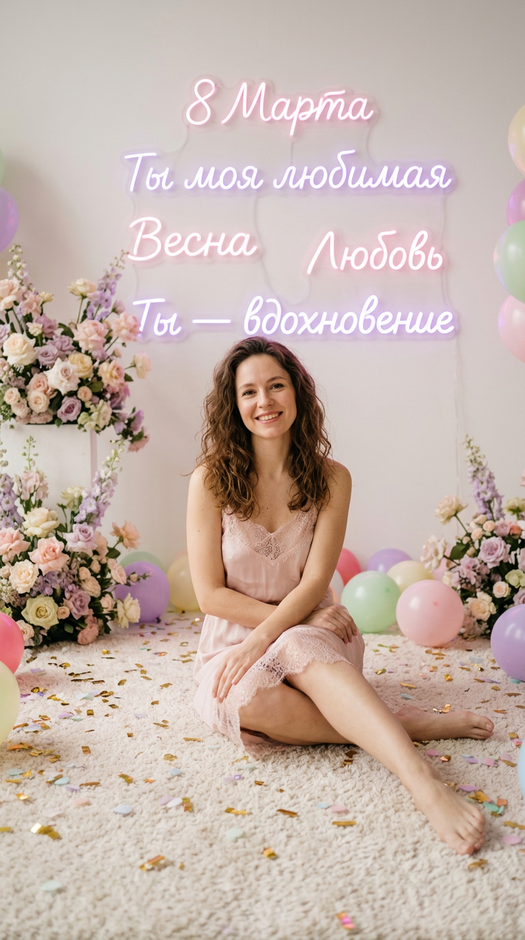 фотосессия на 8 марта с неоновыми надписями