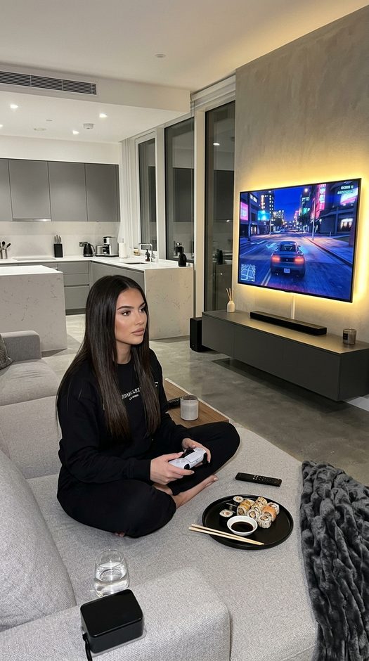 домашняя фотосессия с ps5 на диване у телевизора