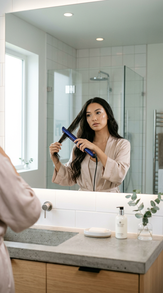 девушка в ванной у зеркала с утюжком dyson