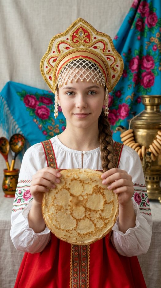 девочка в кокошнике с блином на масленицу