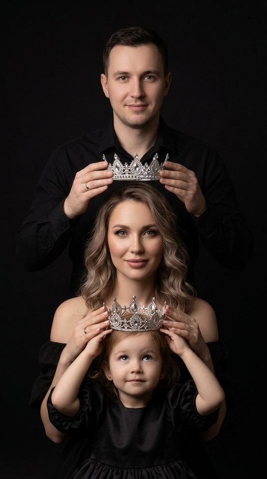семейная фотосессия с коронами на черном фоне