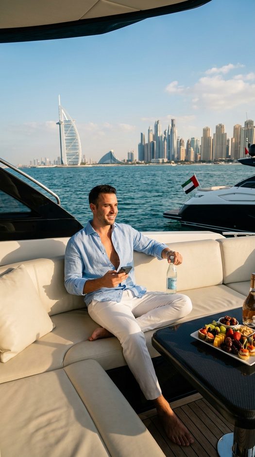 мужчина на яхте в дубае с burj al arab