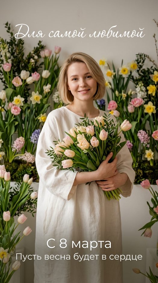 открытка на 8 марта с девочкой и тюльпанами