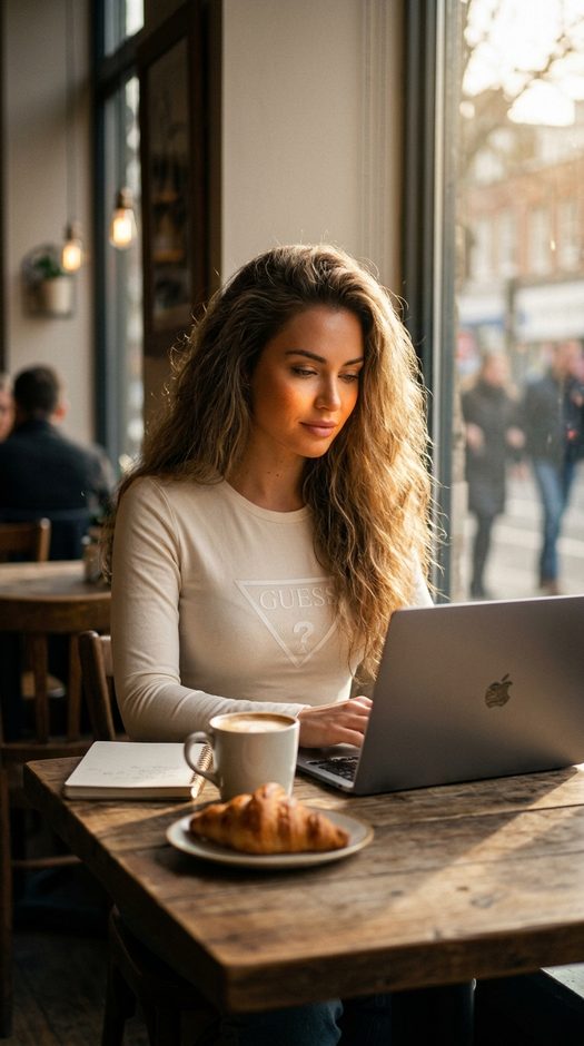 девушка в кафе с macbook и кофе у окна