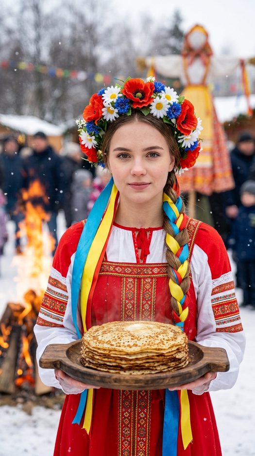 женщина с блинами на масленице