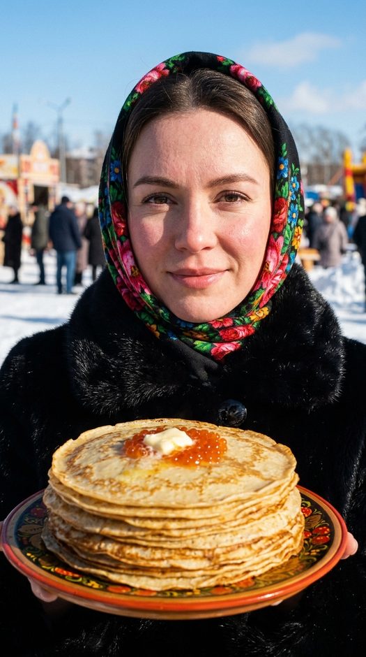 женщина на масленице с блинами и красной икрой