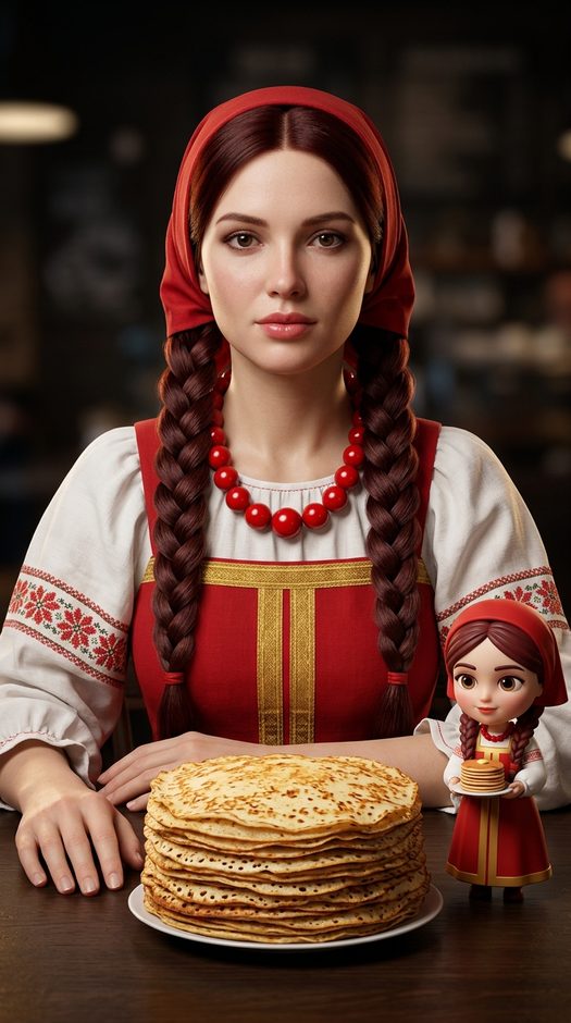 женщина в славянском костюме с блинами в кафе