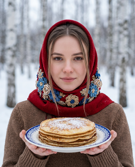 девушка с блинами в красном платке зимой