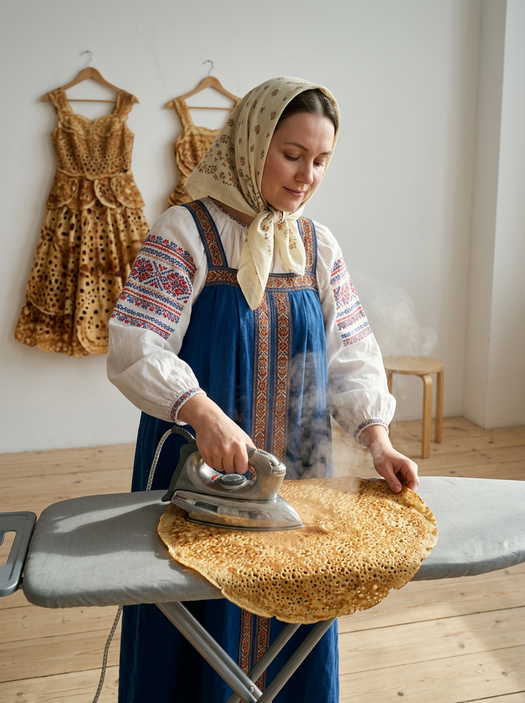 женщина гладит гигантский блин в сарафане
