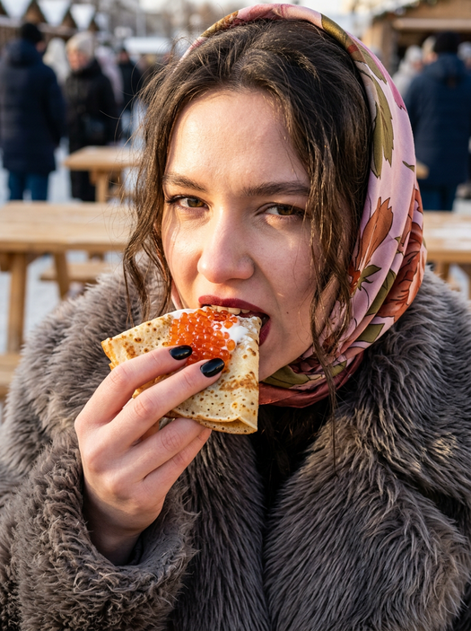 женщина с блином и икрой на масленичной фотосессии