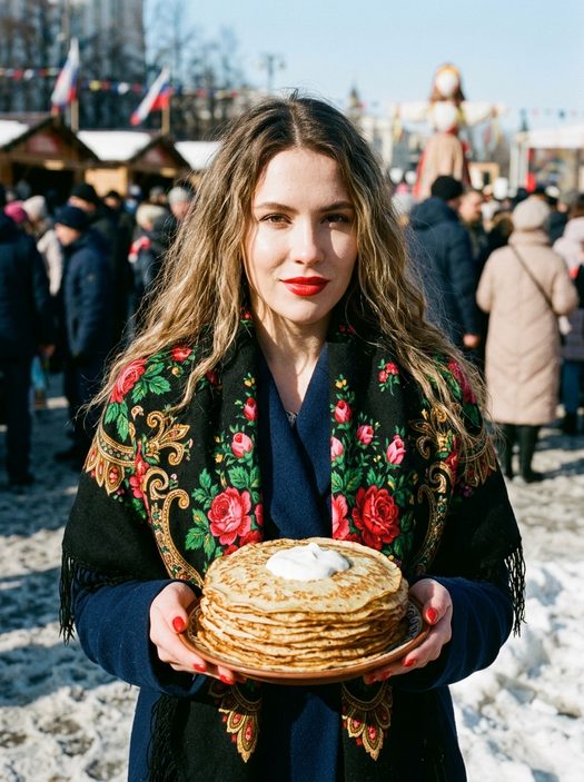 девушка с блинами на масленице