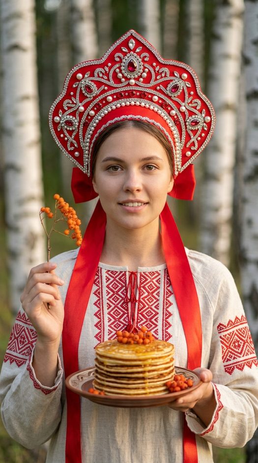 славянская фотосессия с блинами и рябиной